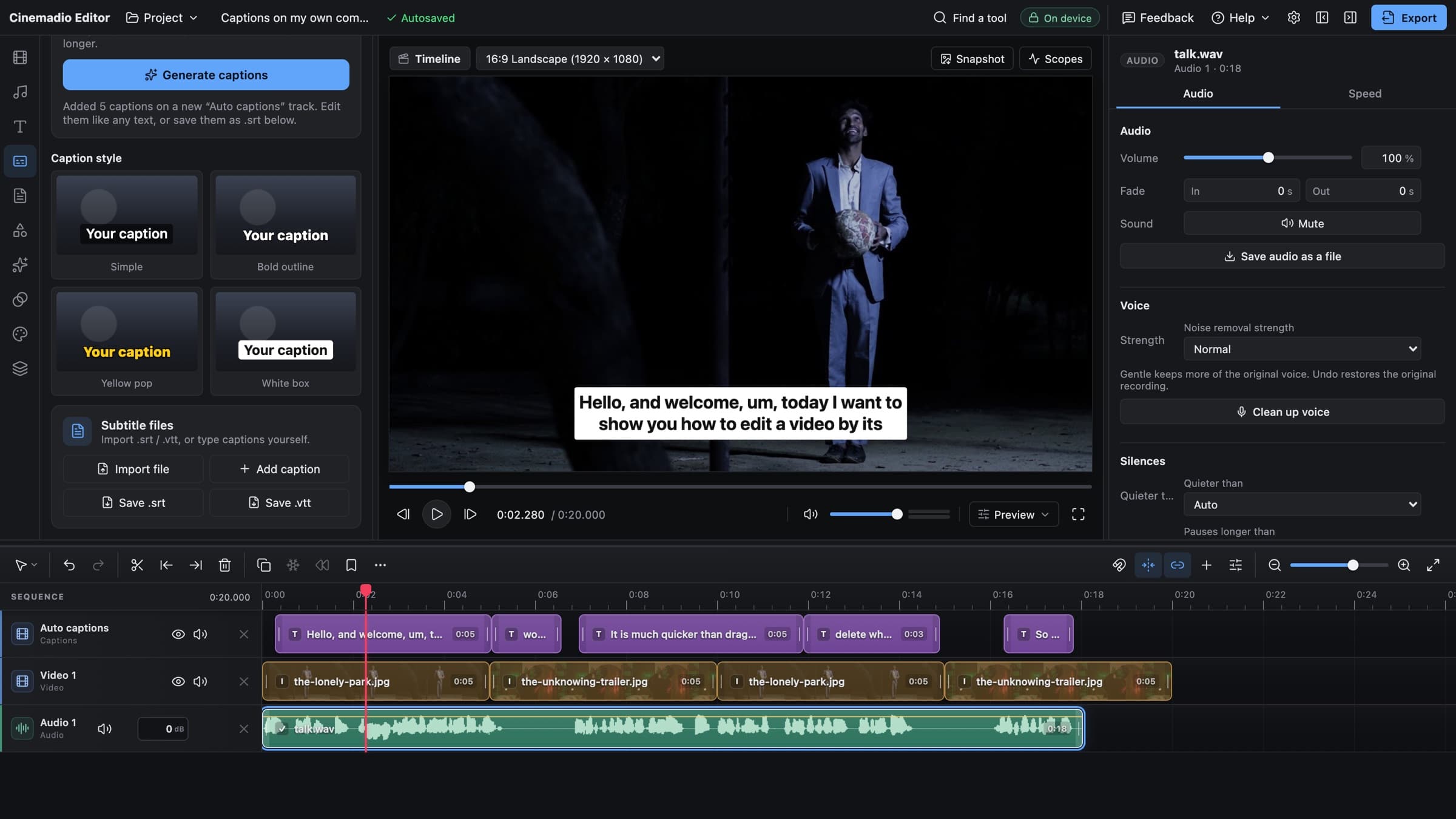 The Cinemadio Editor with the Captions tool open. Four caption looks are listed, and a white box caption reads Hello, and welcome over a film still in the preview.