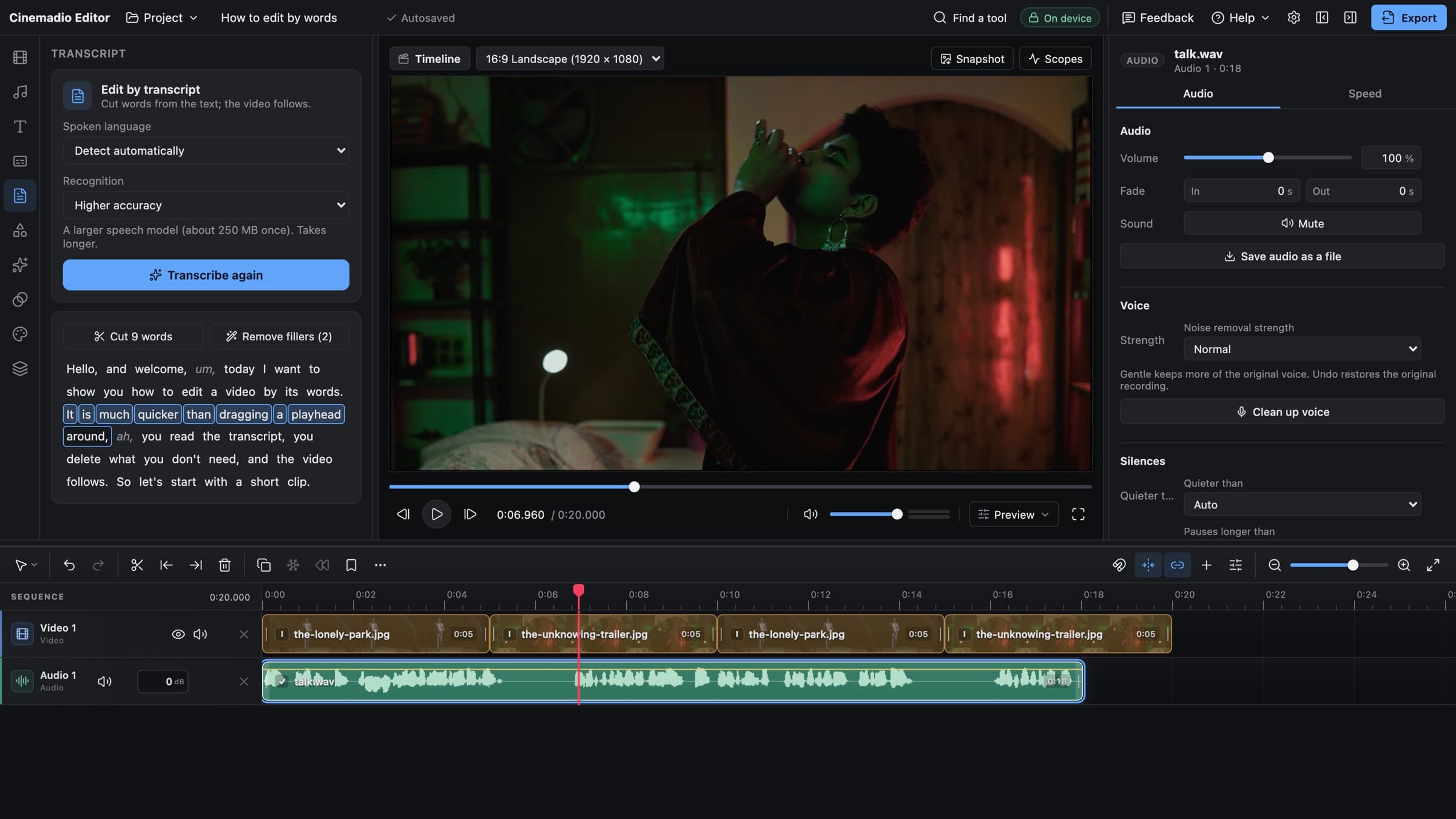 The Cinemadio Editor with the Transcript tool open. The spoken words of a clip appear as text, a run of words is selected for cutting, and the film still it covers shows in the preview.